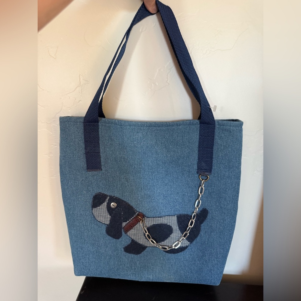 Handmade Tote Bag with Dog‎ design On A Chain blue jean denim purse